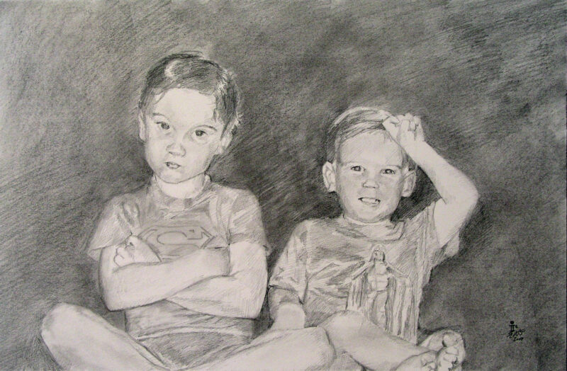A pencil and charcoal drawing of two brothers sitting down next to each other.