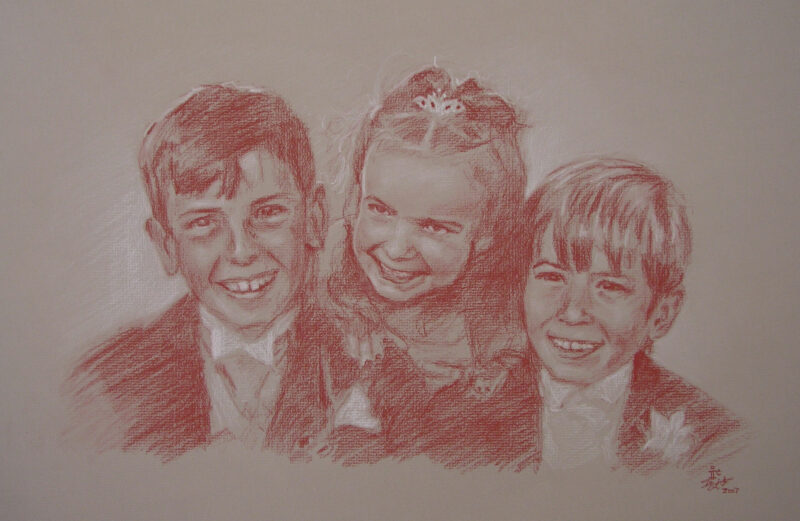a pastel drawing of three children posing for a portrait. There are two brothers and their sister is jumping over their shoulder to be in the picture.