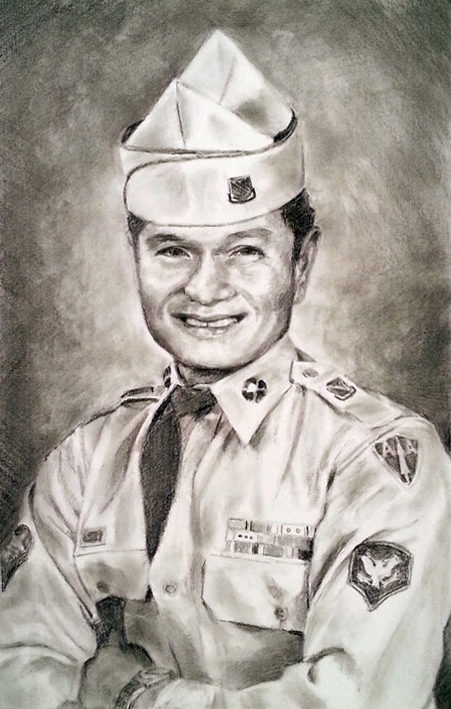 A pencil charcoal drawing of a soldier posing for a portrait.